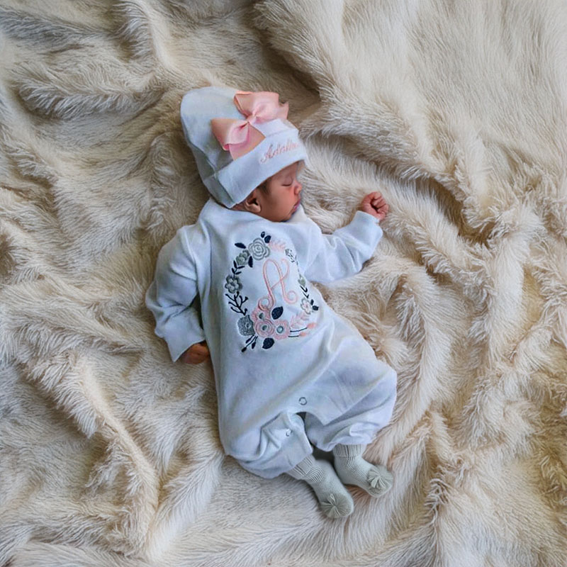 Newborn Girl Monogrammed Floral Footie Romper