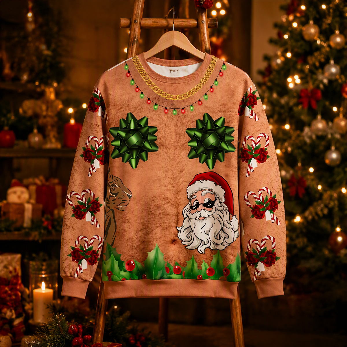 Funny Hairy Chest Bow Bows Ugly Christmas Sweater – 3D Printed Candy Cane & Santa Tattoo Graphic Sweatshirt, Novelty Holiday Gag Gift Top