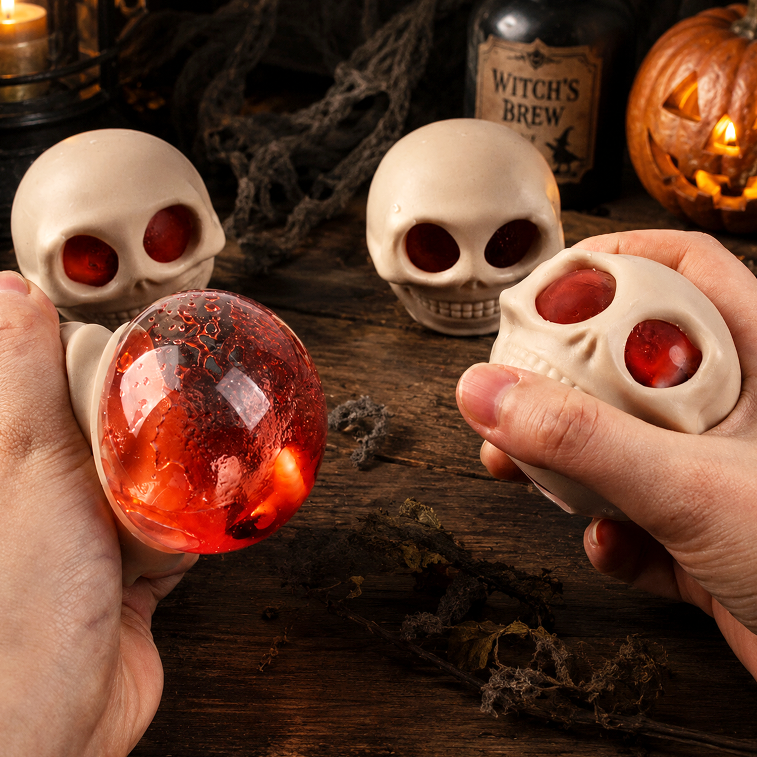 Halloween Stress Relief Squishy Toy - Bloody Brain in Skull Hand Squeeze for Kids & Adults, Spooky Party Favors