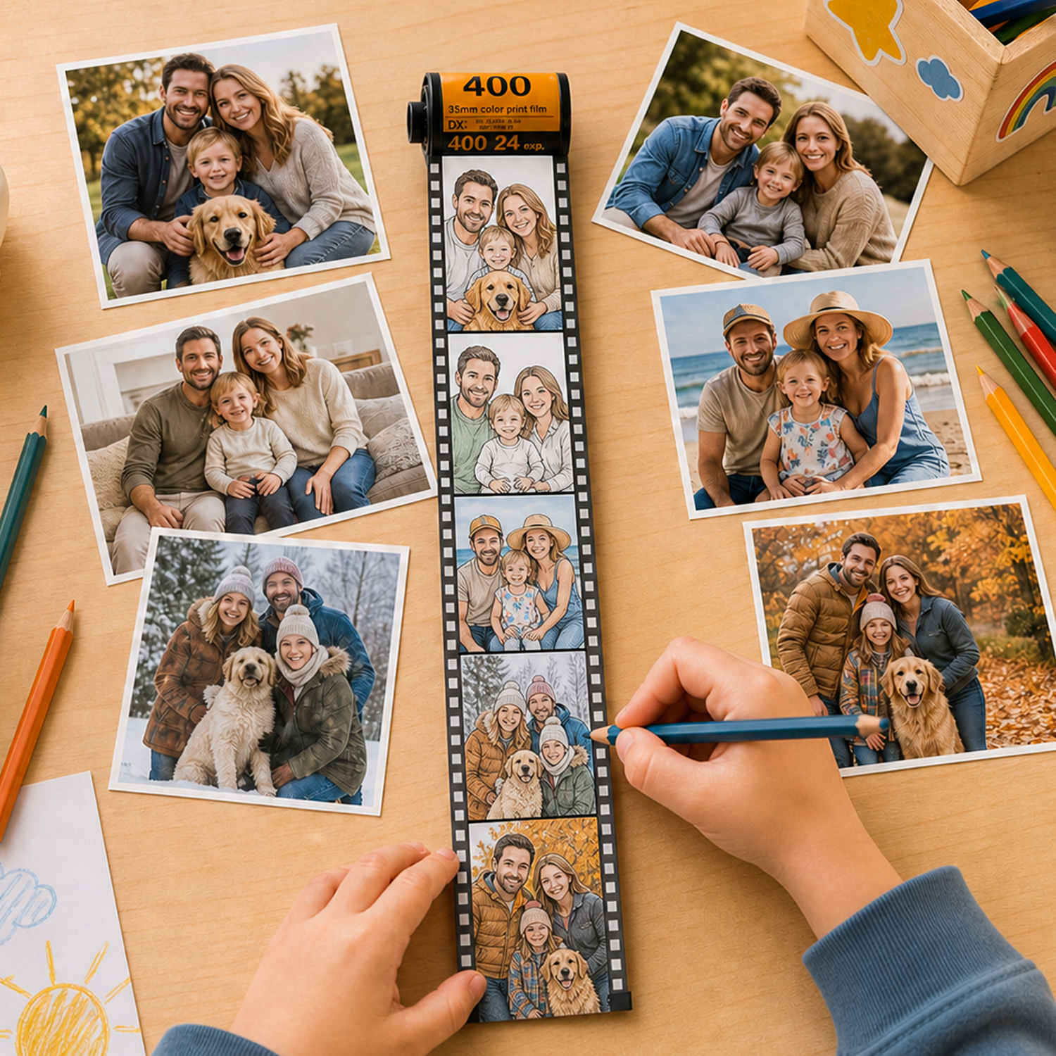 Custom Photo Line Art Film Strip Keychain – Personalized Hand-Drawn Style Gift for Couples