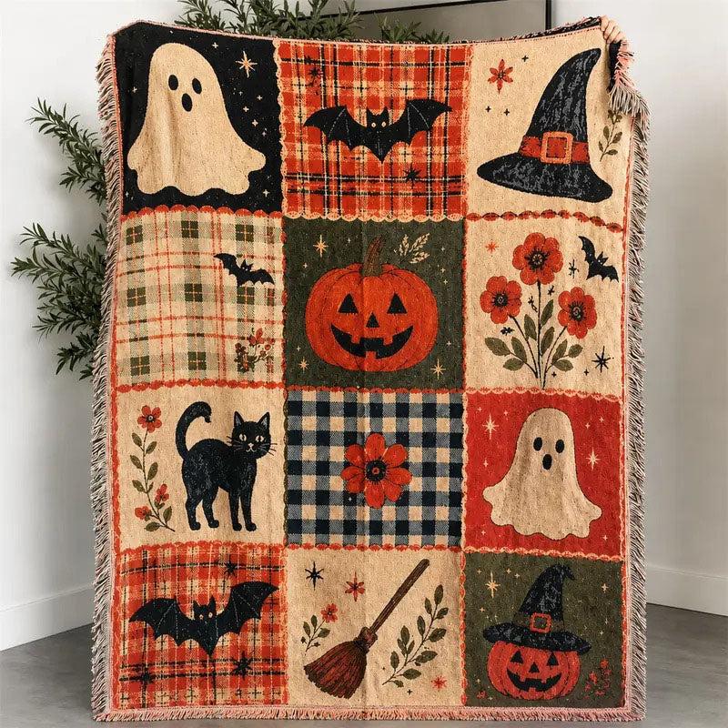 Halloween Patchwork Style Woven Blanket Bed Tassel Cover Couch Throw Vintage Cozy Home Decor Room Wall Art Tapestry
