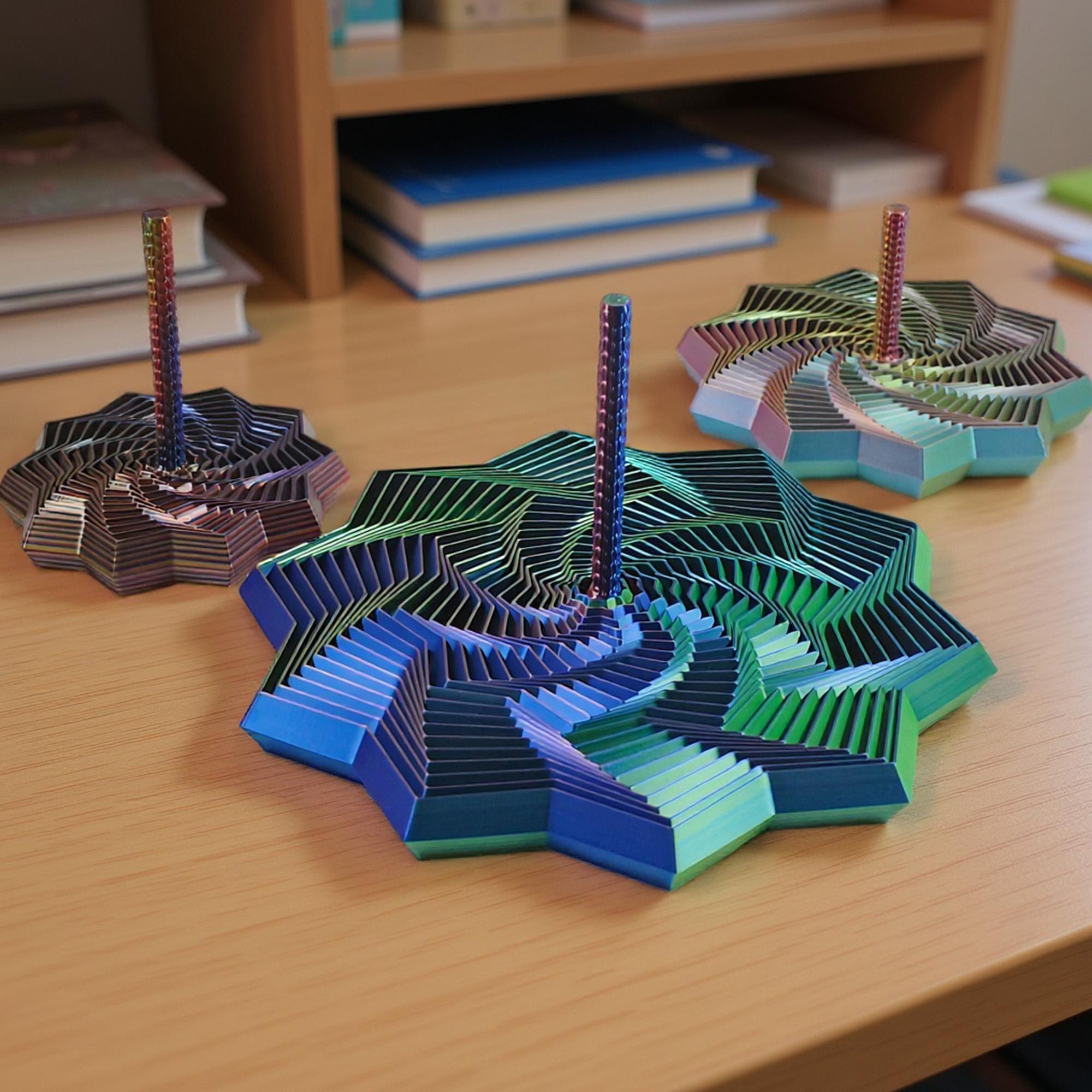 Fidget Star with Handle: Hypnotic Visual & Sound Stress Relief Spinner, 3D Printed Desk Toy