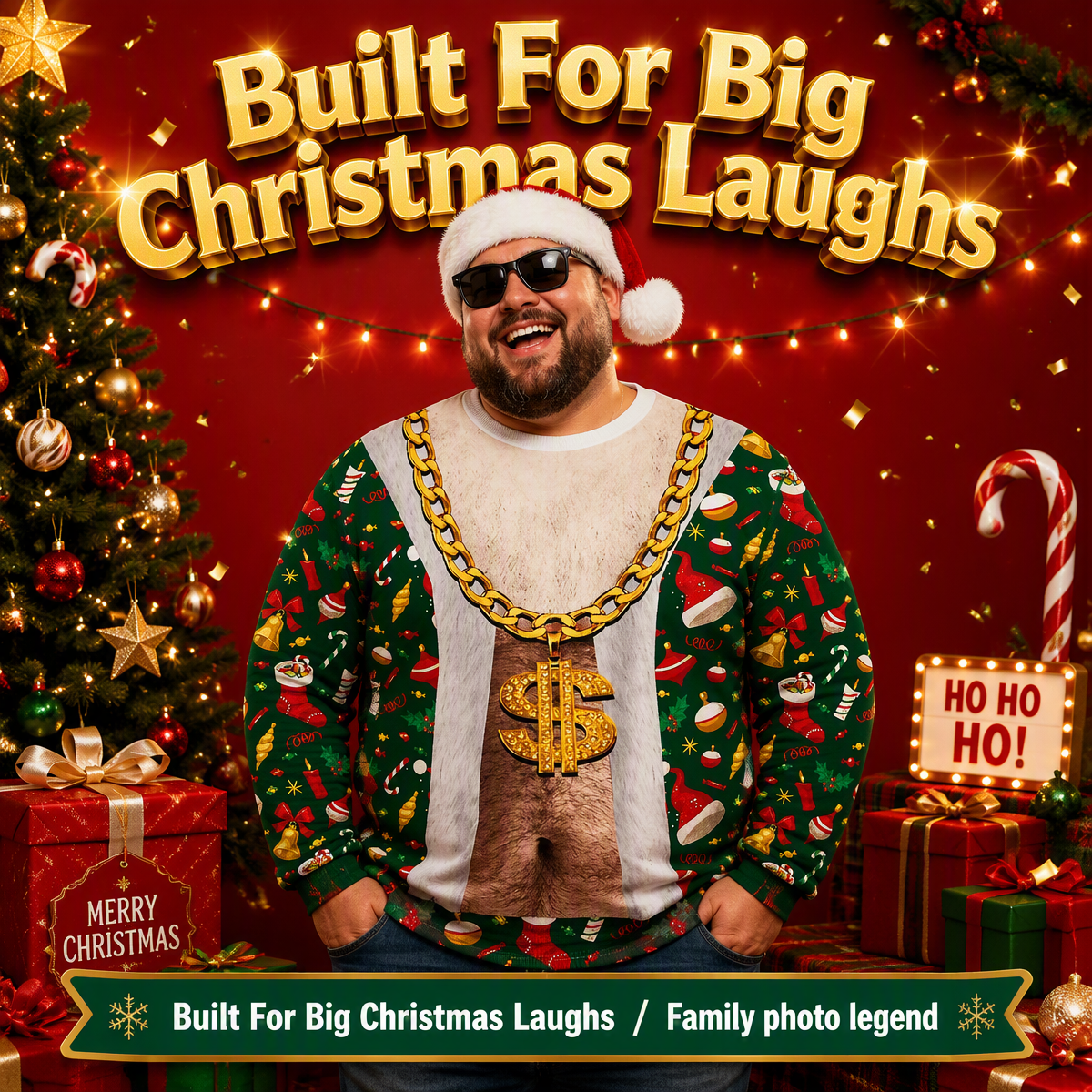 Funny Hairy Chest & Gold Chain Ugly Christmas Sweater – 3D Printed Hairy Belly Christmas Tree Pattern Pullover Sweatshirt, Hilarious Holiday Party Outfit