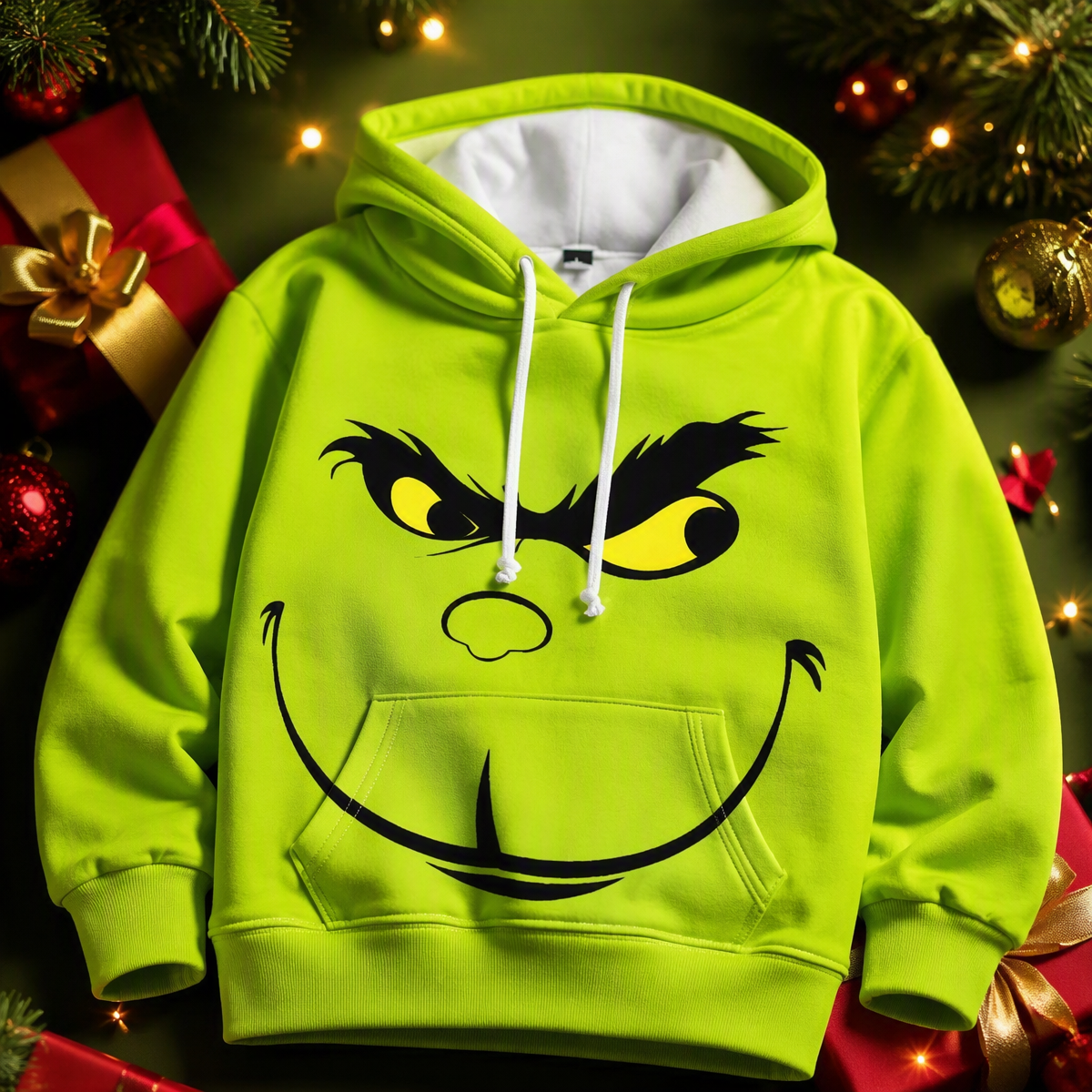 Funny Green Monster Face Hoodie – Graphic Smirk & Grumpy Face Printed Christmas Pullover Sweatshirt, Festive Holiday Cosplay Apparel