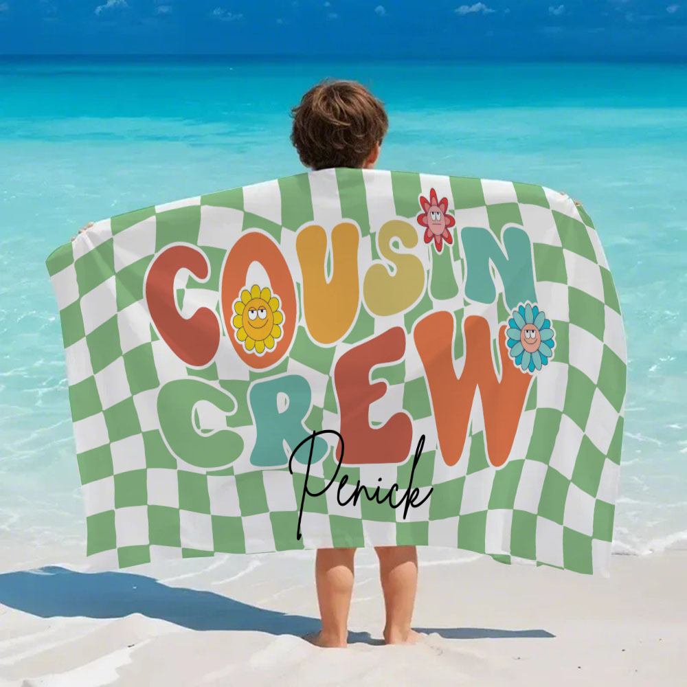Personalised Cousin Crew Plaid Design Oversized Quick Dry Beach Towel with Name Birthday Summer Vacation Accessory Gift for Kids