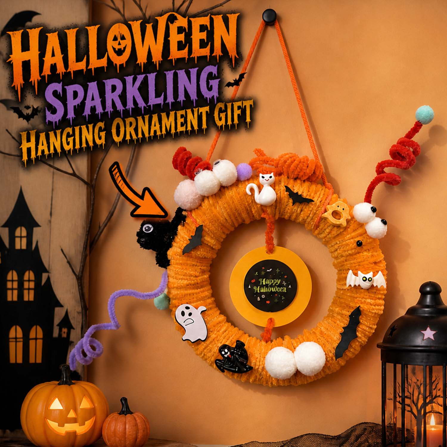 Halloween Glowing Wreath Hanging Ornament – Spooky Ghost & Bat Decor for Door, Wall and Party Decoration