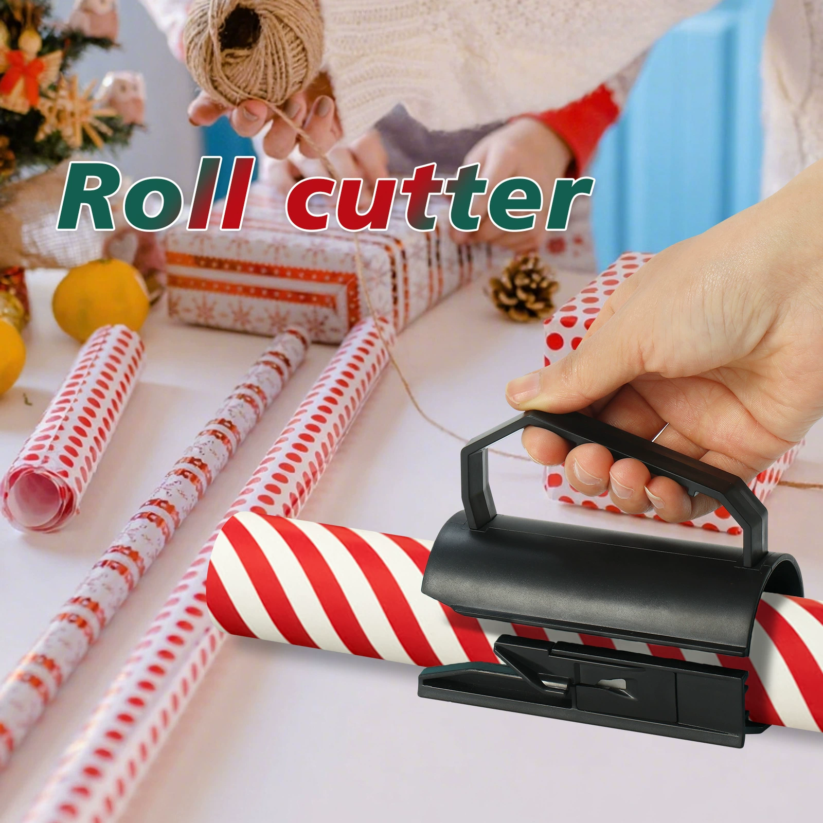 Wrapping Paper Cutter & Tape Dispenser, Dual Use Holiday Gift Wrap Cutter Tool Paper Roll Holder Tube