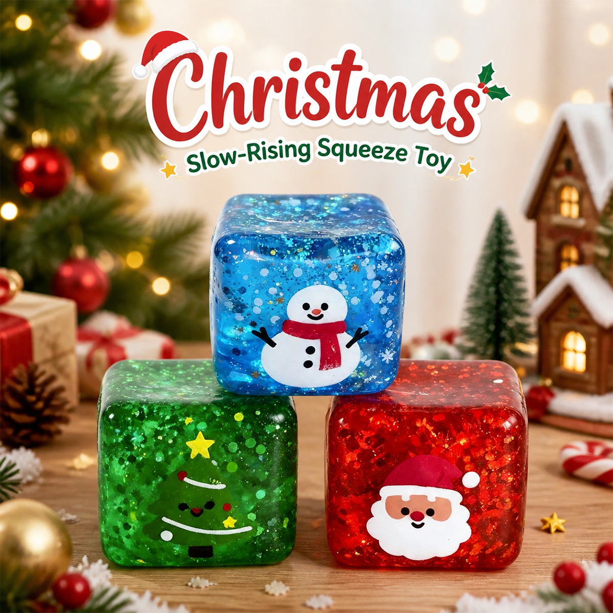 Christmas Slow-Rising Squeeze Cube – Festive Soft Squeeze Toy, Fun Gift for Kids & Adults