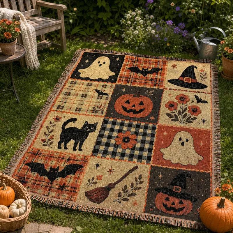 Halloween Patchwork Style Woven Blanket Bed Tassel Cover Couch Throw Vintage Cozy Home Decor Room Wall Art Tapestry