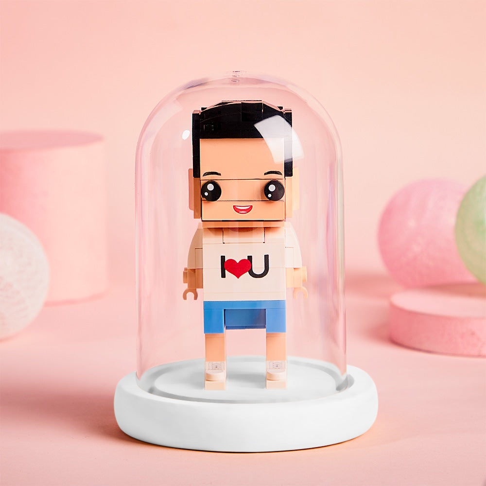 (No Brick Figures) Acrylic Anti-dust Cover Wooden Base with Light 8*12.5cm White Stand