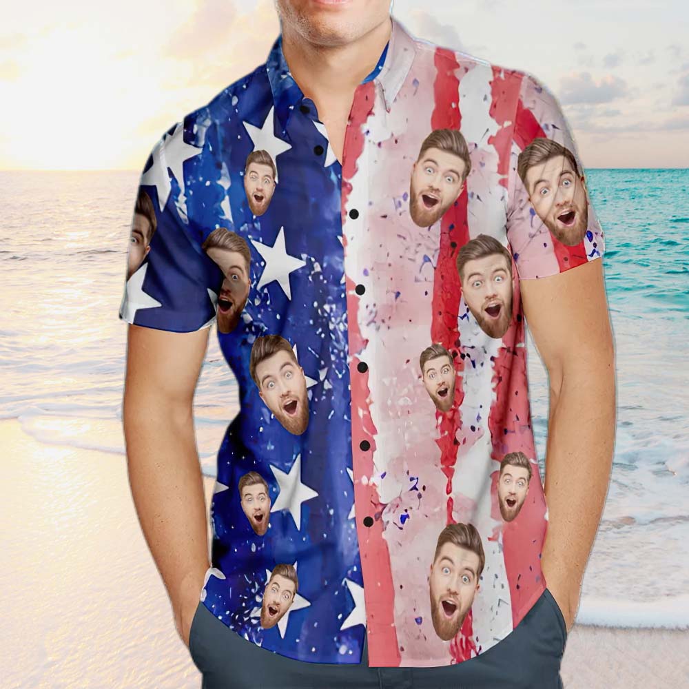 Custom Face Men's Patriotic Hawaiian Shirt Casual Breathable Short Sleeve Hawaiian Shirt