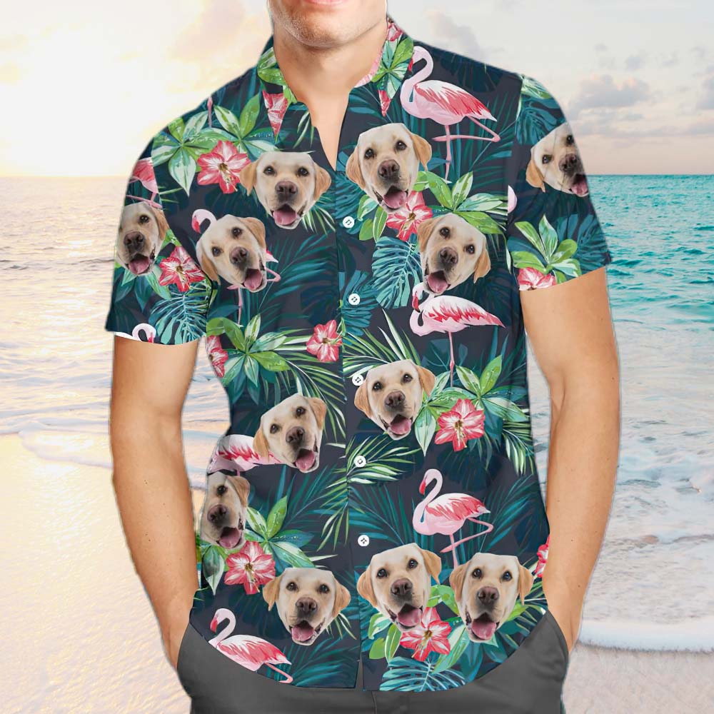 Face on Shirts Custom Hawaiian Shirt with Face Leaves & Flamingo Button Down Shirts