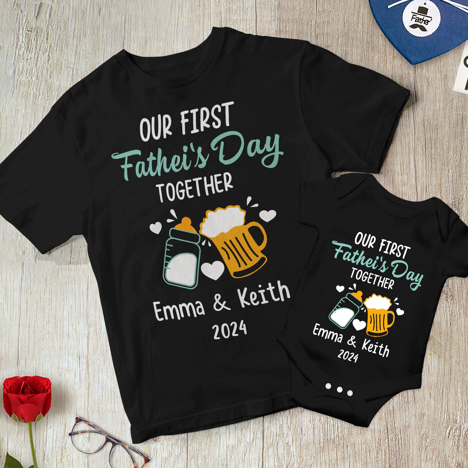 Personalized Colored Milk Bottles and Beer Dad and Baby Matching Shirt Father’s Day Gift for Baby and Dad