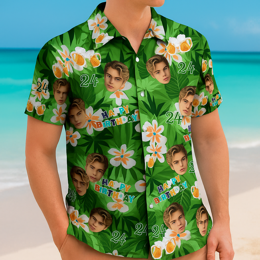 Custom Face Hawaiian Shirt Tropical Leaf Celebration Green Shirt Personalized Birthday Party Shirt for Men, Bachelor, or Holiday Trip