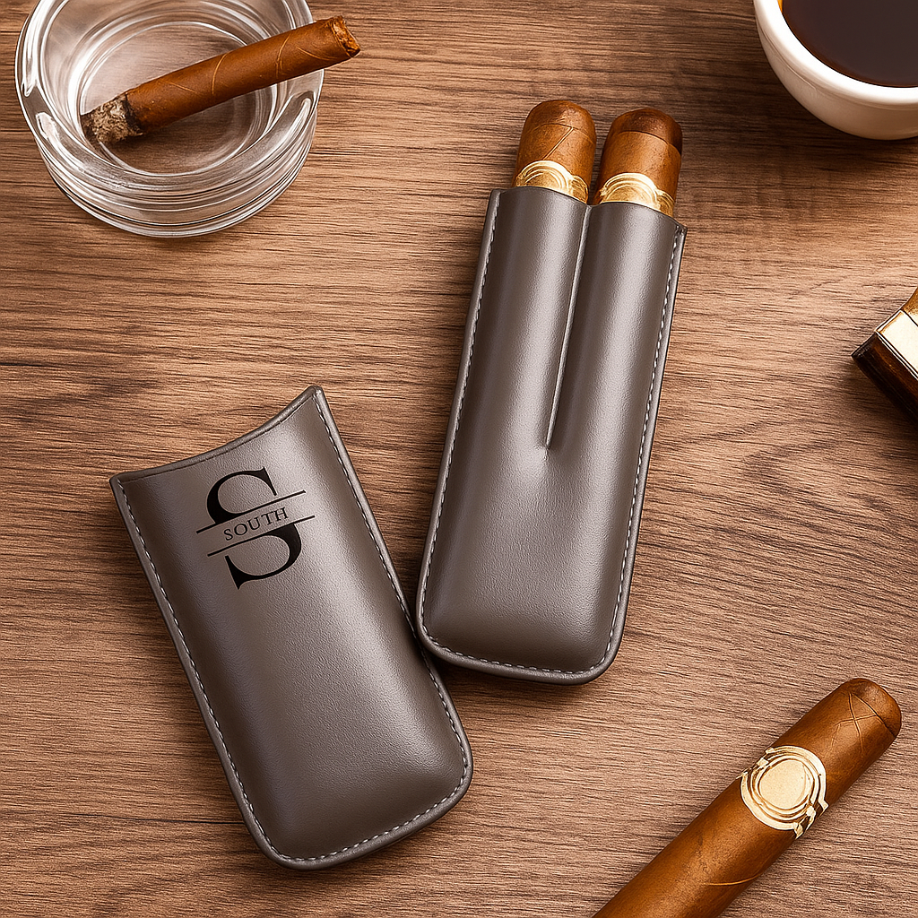 Custom Name Leather Cigar Travel Case for 2 Cigars, Personalized Gift for Him or Dad