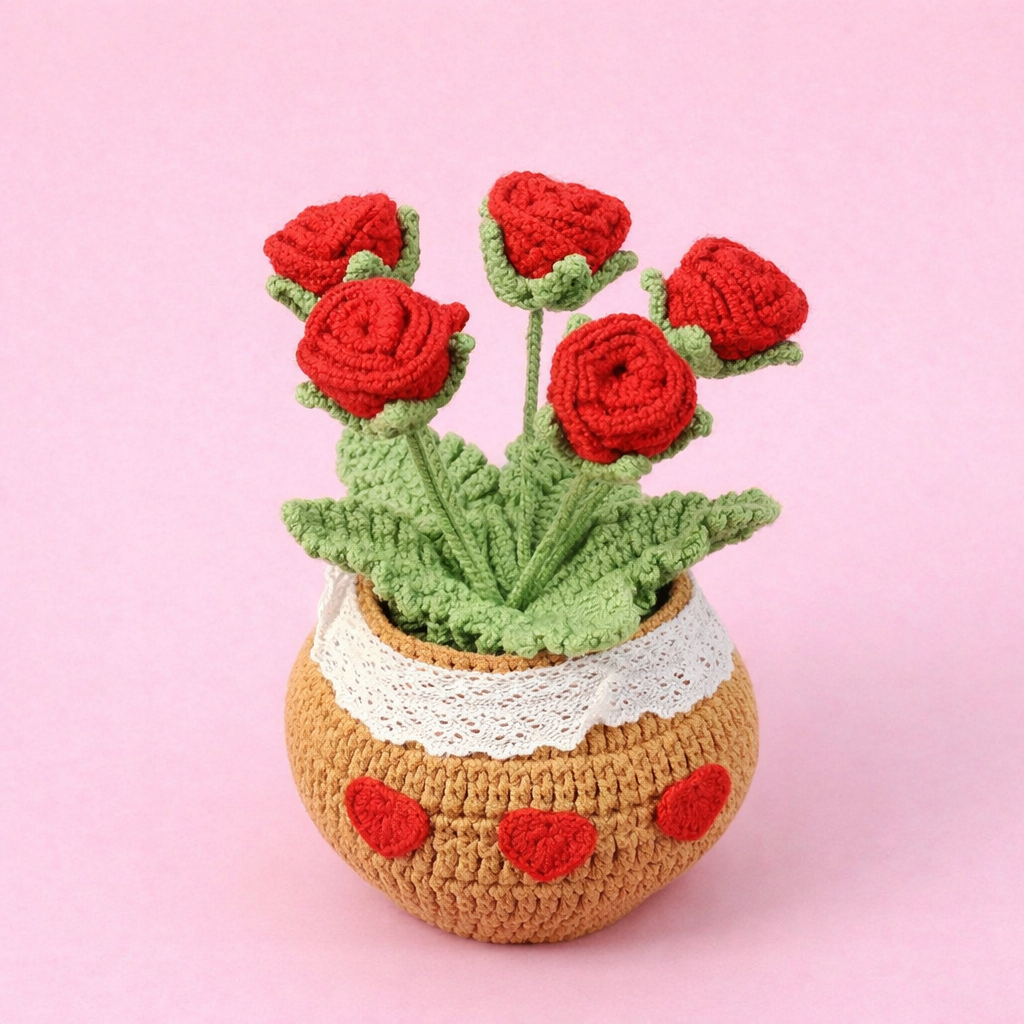 Handmade Crochet Rose Potted Plant Yarn Flower for Home Decor Gift