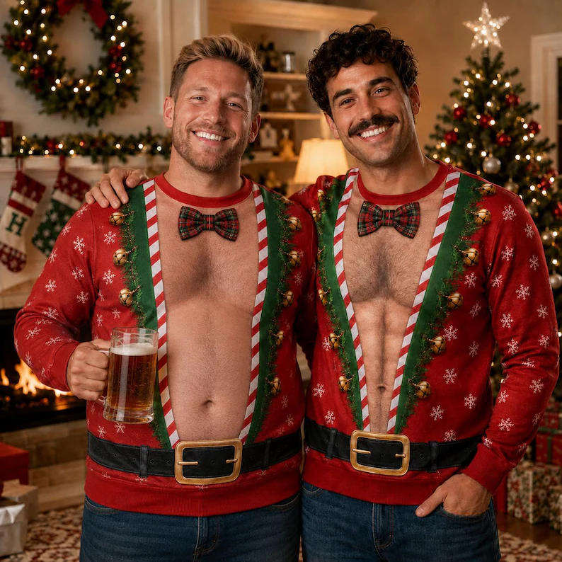 Funny Red Bow Tie Christmas Sweater – Sexy Santa Christmas Sweater for Men, Novelty Holiday Party Outfit