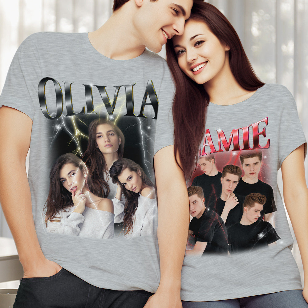 Custom Photo Vintage Tee Personalized Name T-shirt Couple Gifts Black Gifts For Him - MyFaceSocks