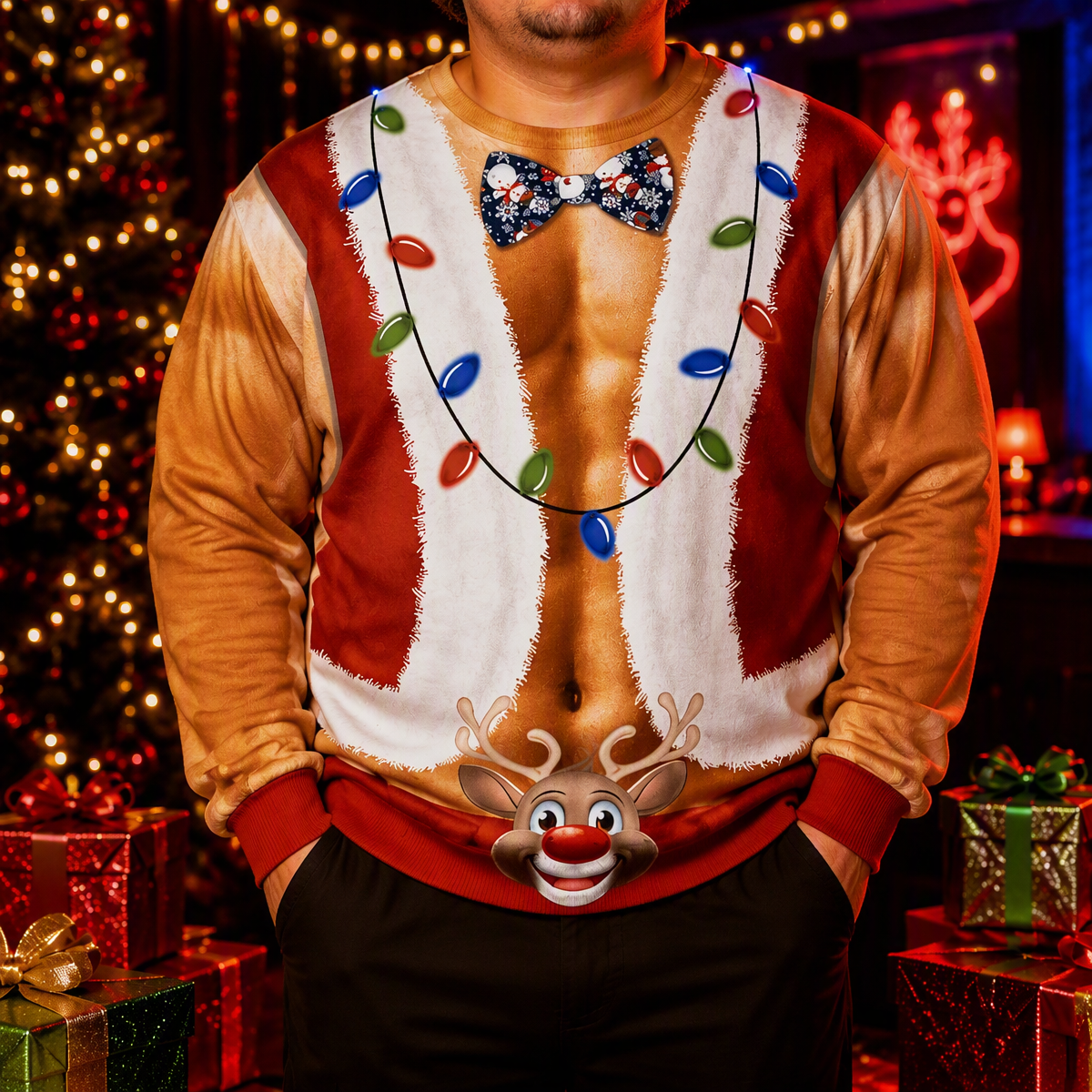 Funny Ripped Santa Muscle Abs Ugly Christmas Sweater – 3D Printed Christmas Lights & Reindeer Bowtie Sweatshirt, Novelty Holiday Party Outfit