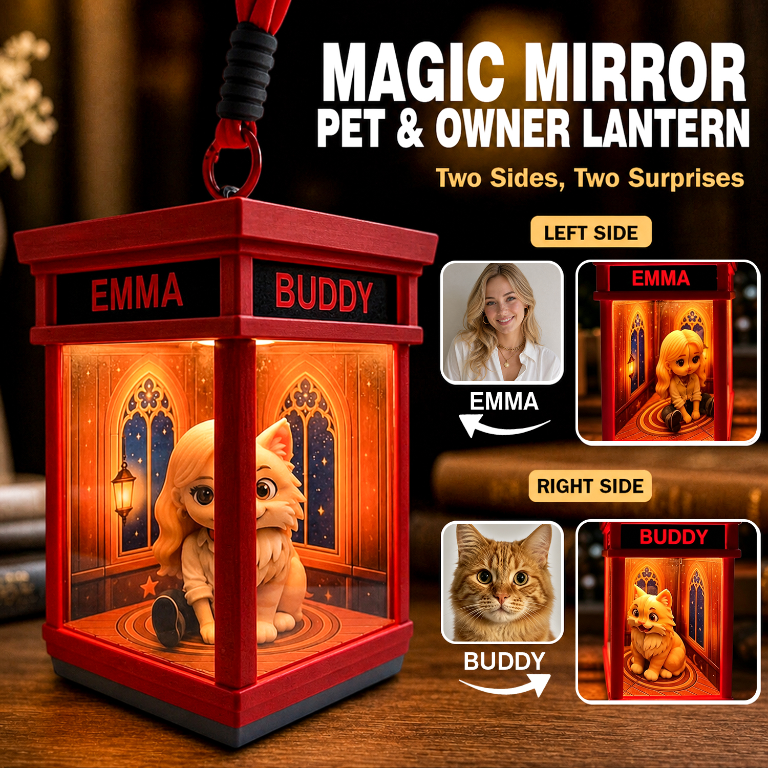 Custom Photo & Name Phone Booth Lantern – Double-Sided Pet & Owner Figurine Gift for Christmas