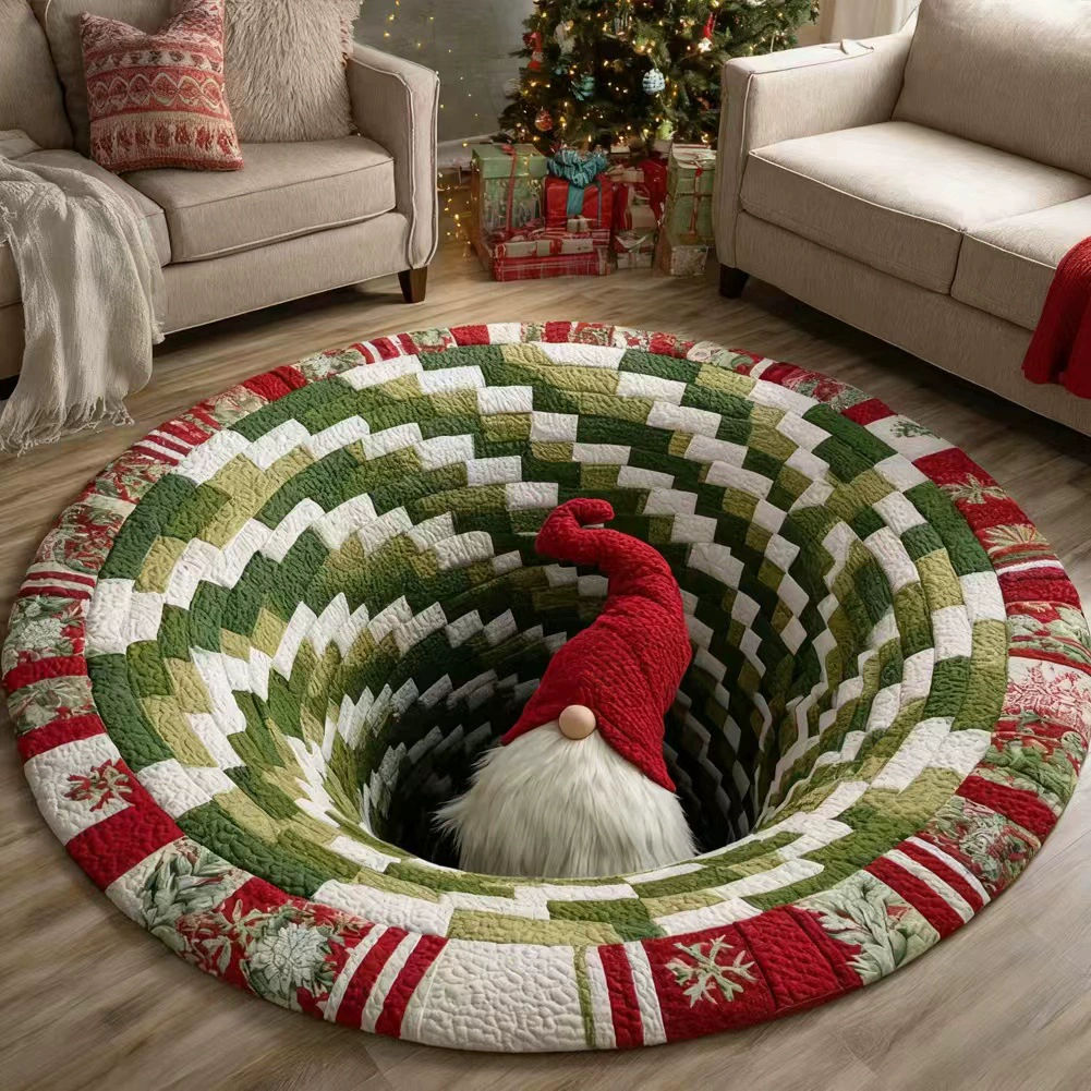 3D Christmas Optical Illusion Round Rug – Bottomless Hole Santa & Gnome Area Rug, Festive Holiday Doormat, Cozy Winter Home Floor Decor