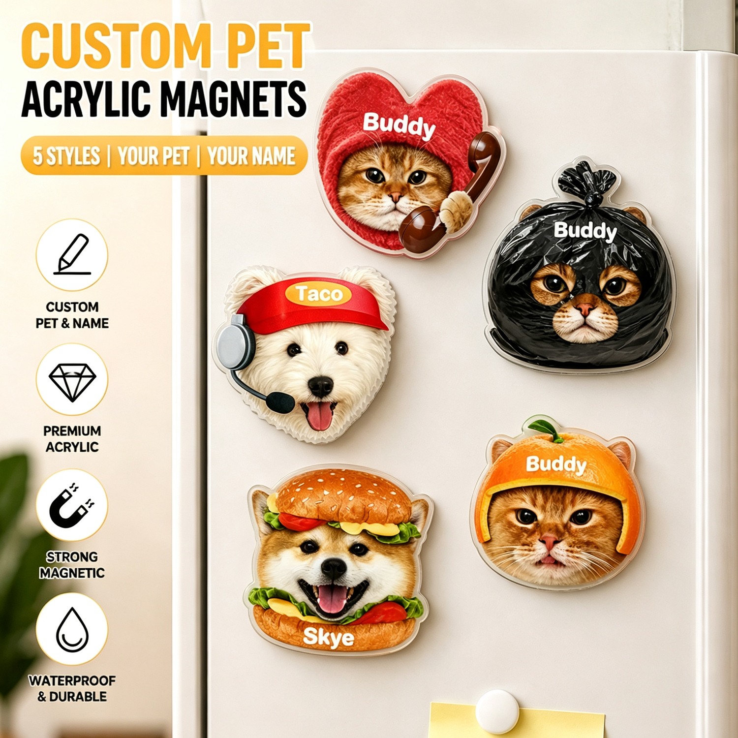 Custom Pet Photo Acrylic Magnet Personalized Cute Dog & Cat Fridge Decor Gift for Pet Lover