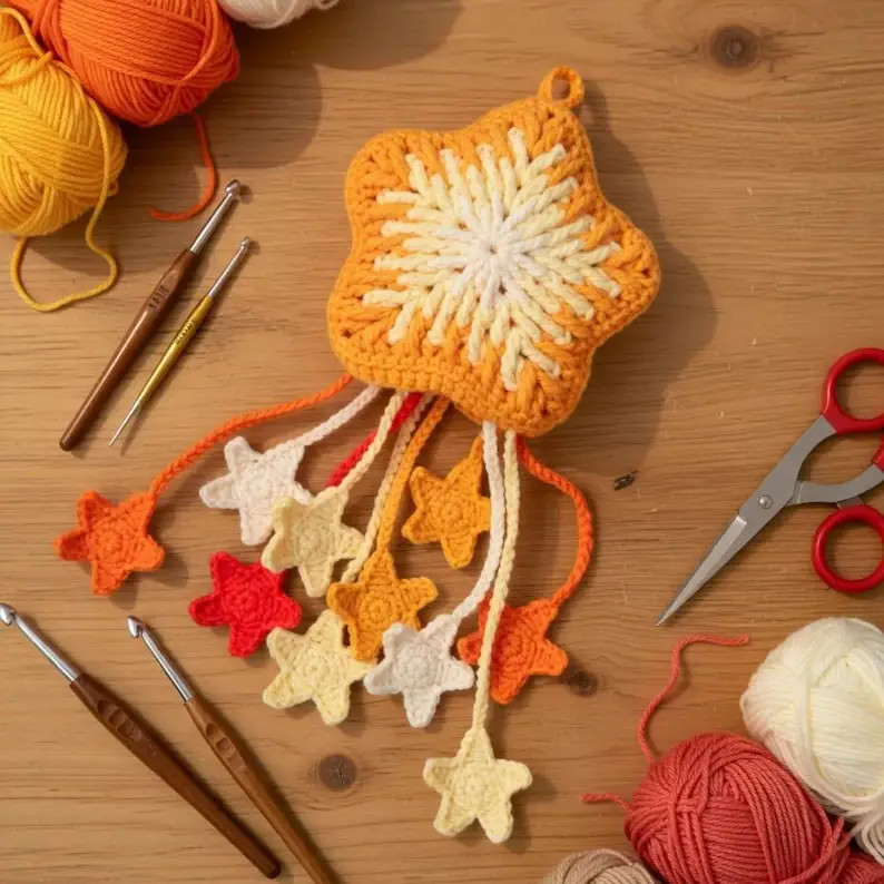 2-in-1 Handmade Crochet Star Bag Charm & Collapsible Water Bottle Carrier – Aesthetic Starfish Net Bag for Tumblers and Cups