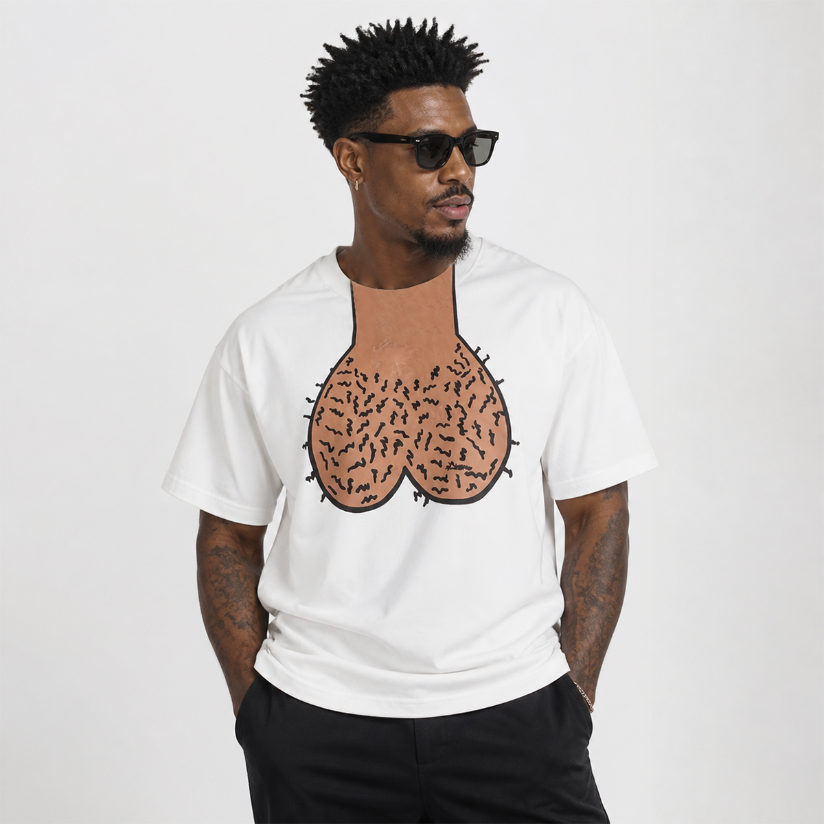 Funny Hairy Chest Graphic T-Shirt – Creative Novelty Print Casual Short Sleeve Top