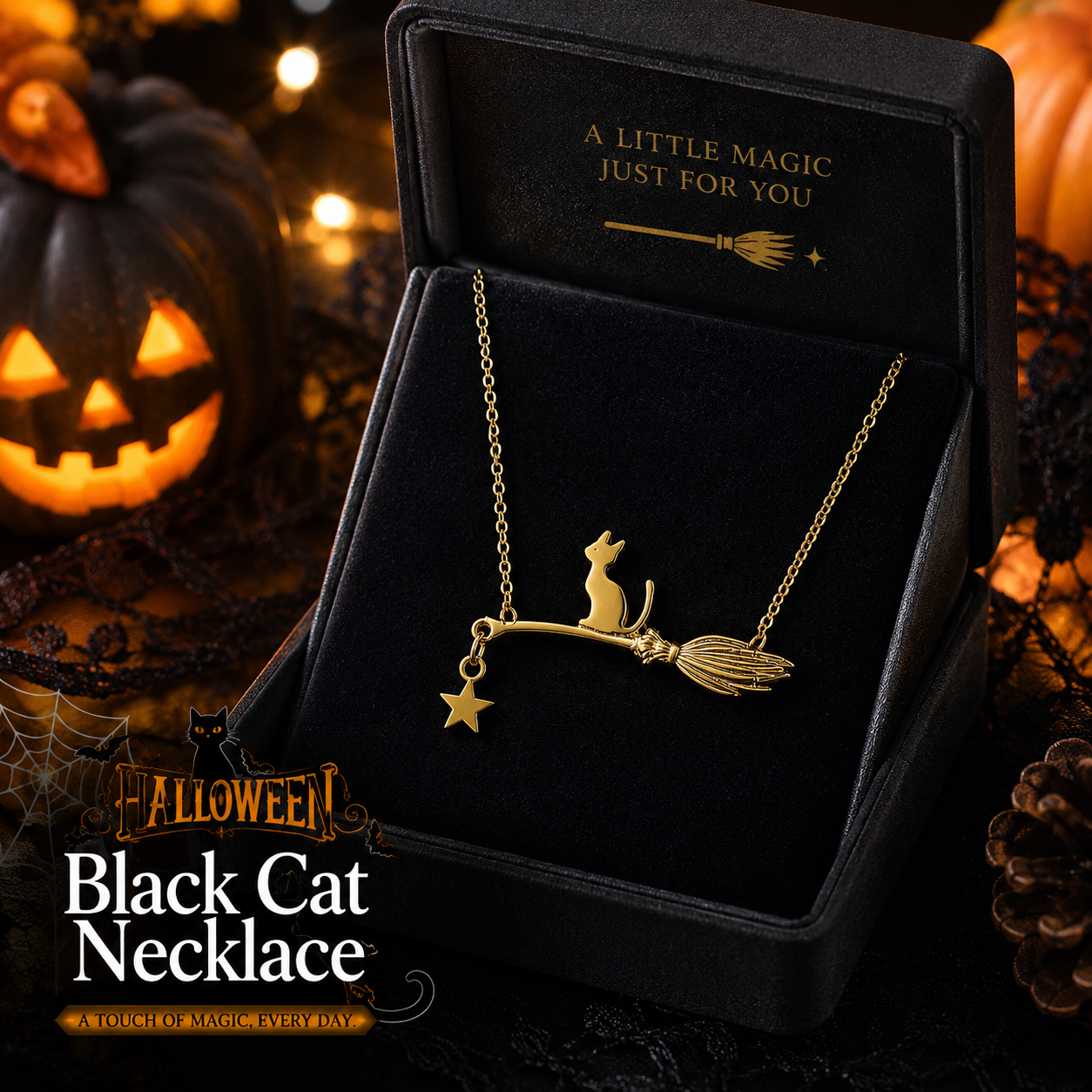 Whimsical Cat on Broomstick Necklace – Moonlit Star Charm Pendant for Cat Lovers and Everyday Gift Giving