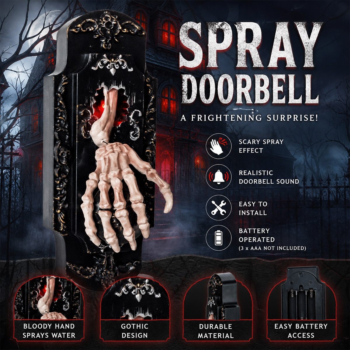 Halloween Spray Doorbell Decoration – Light & Sound Activated Skeleton Hand Prop for Spooky Door Decor