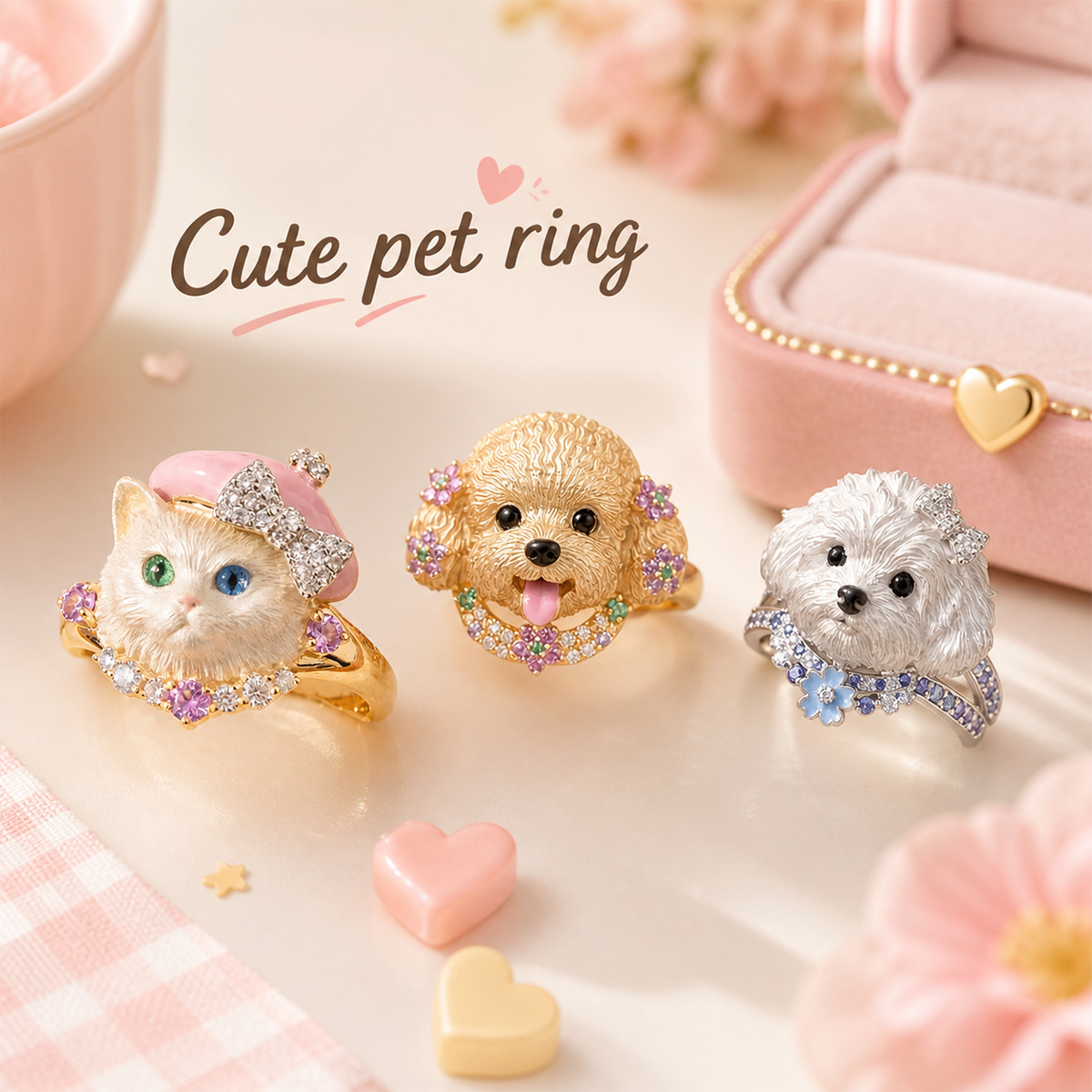 Cute Animal Ring – Adorable Cat & Dog Design Adjustable Fashion Ring, Fun Gift for Pet Lovers