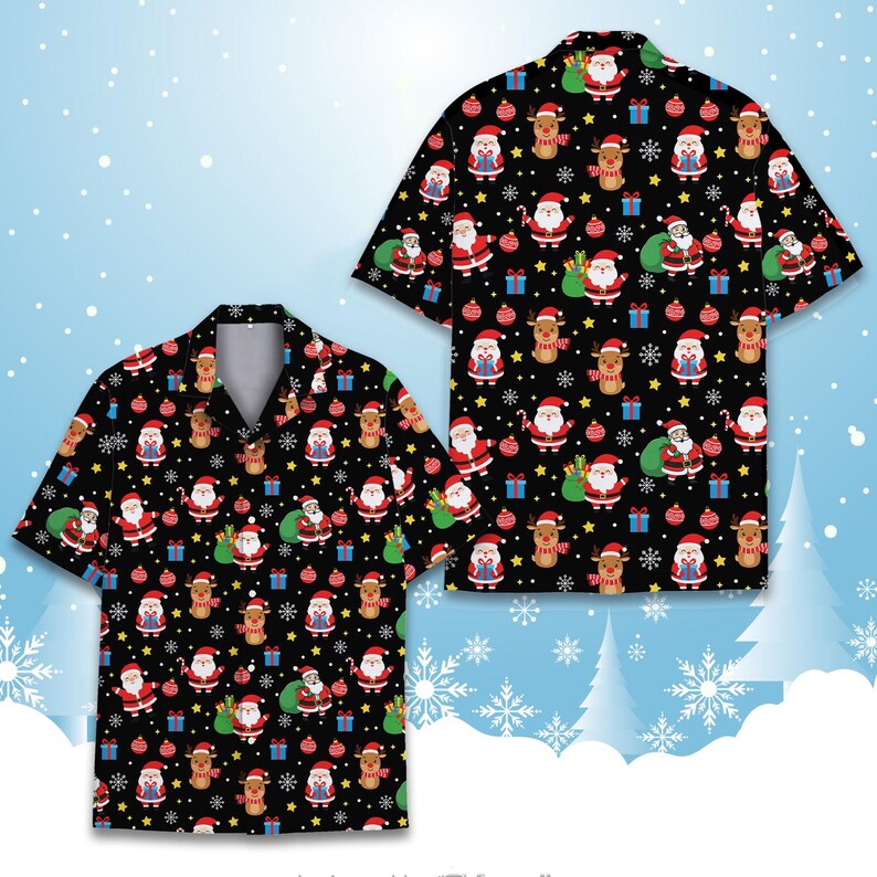 Christmas Santa Reindeer Elf Hawaiian Shirt Men Women Youth, Festive Holiday Xmas Shirt Aloha Button Down, Holiday Party Outfit