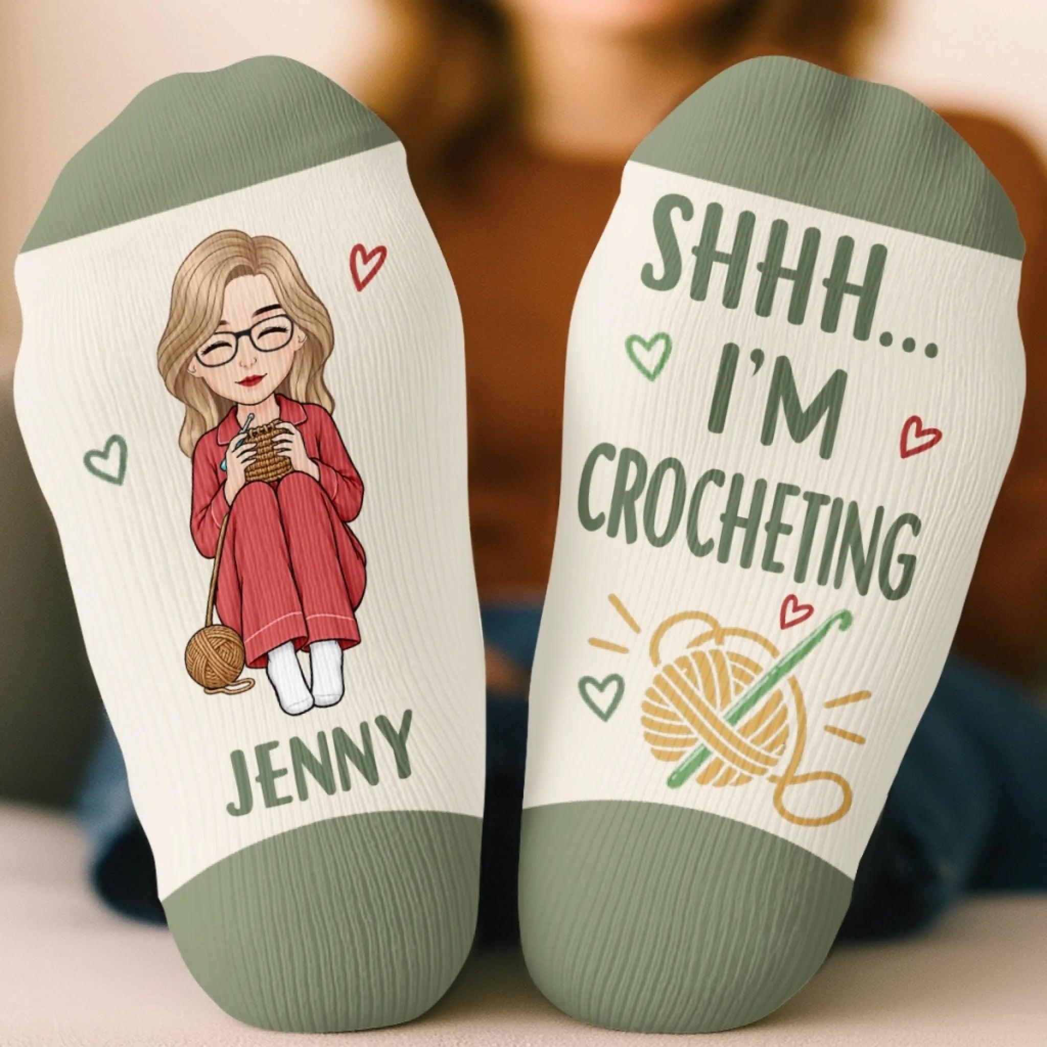 Custom Yarn Crew Socks - Personalized Birthday Gifts For Crochet Knitting Lovers, Crocheters, Knitters, Wife, Daughter, Besties, Sisters, Granddaughter, Grandma, Mom, Yourself - Just One More Row Today
