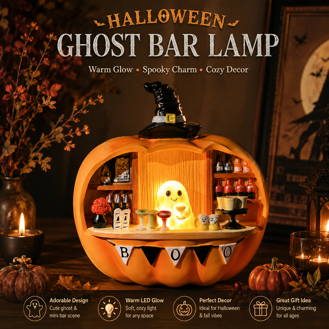 Halloween Glowing Pumpkin Display Ornament – Light-Up Ghost Scene Decoration for Spooky Home, Party and Holiday Decor