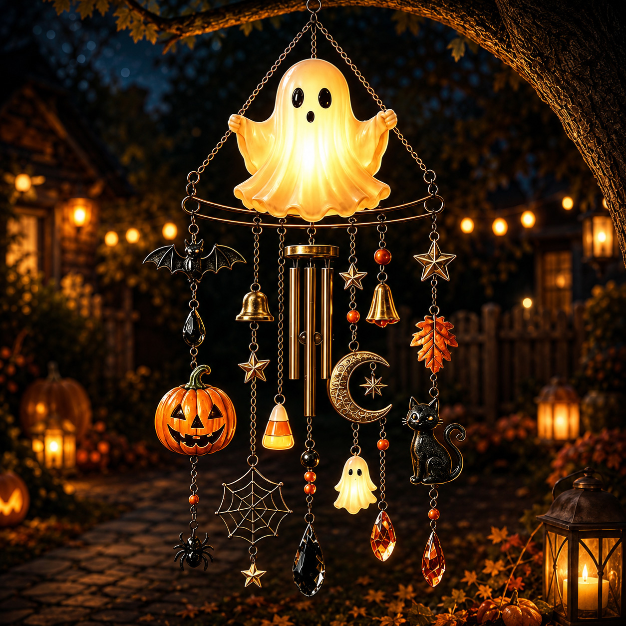 Magical Halloween Sun Catcher Wind Chime - Ghost & Pumpkin Hanging Decor for Halloween Lovers