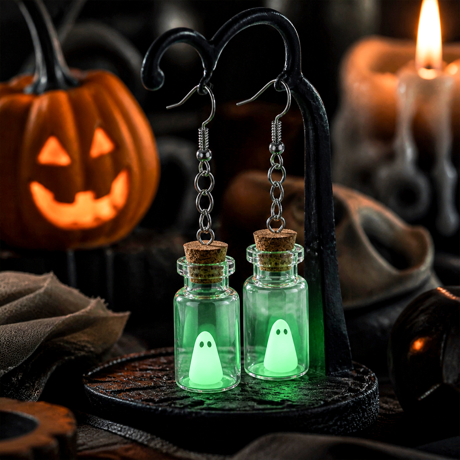 Glow-in-the-Dark Ghost Bottle Earrings – Cute Mini Glass Pendant Jewelry for Halloween