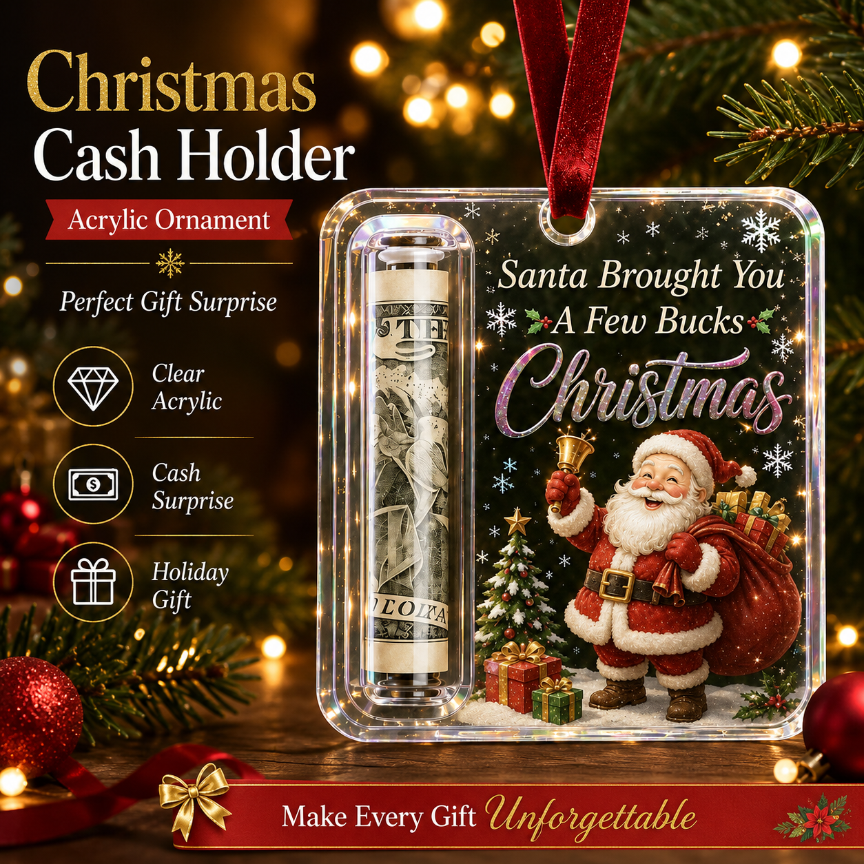 Christmas Cash Holder Ornament – Clear Acrylic Holiday Gift Surprise for Family & Friends