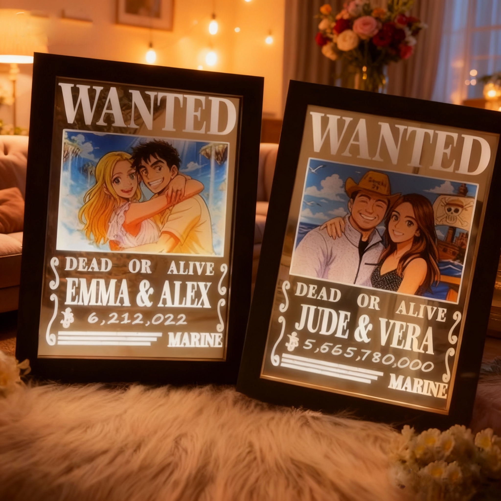 Custom Anime Bounty Couple Portrait Personalized Anime Style Wanted Portrait Night Light