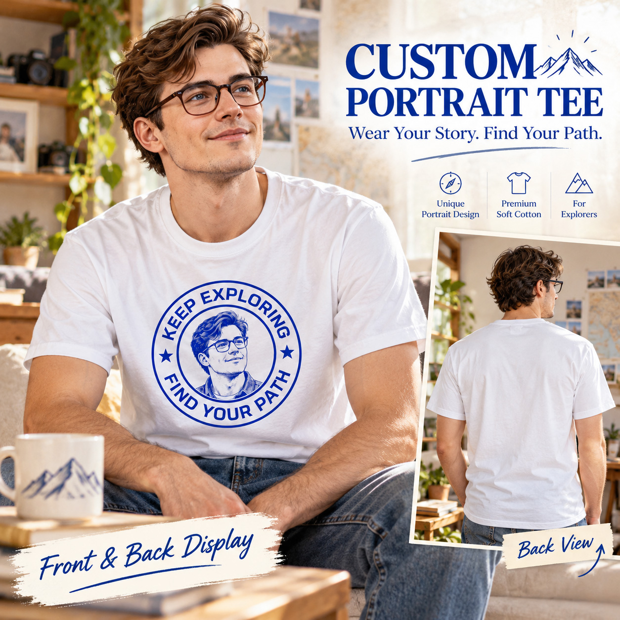 Custom Photo Portrait Stamp T-Shirt, Personalized Circular Emblem T-Shirt with Custom Top & Bottom Text