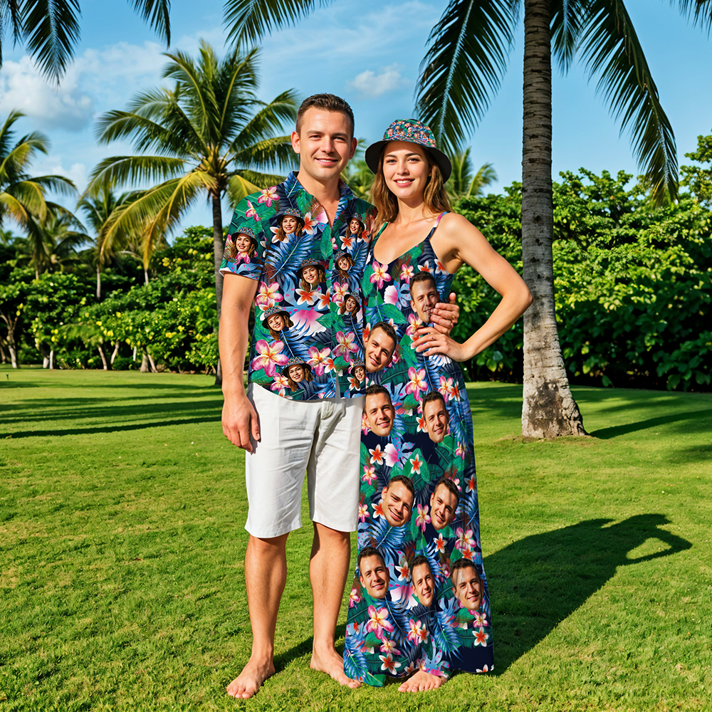 Custom Couple Hawaiian Style Women Long Dress & Men Hawaiian Shirts Gift For Couple