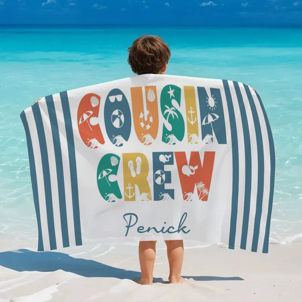 Personalized Cousin Crew Beach Towel, Custom Name Pool Bath Towel, Cousin Vacation Trip Gift