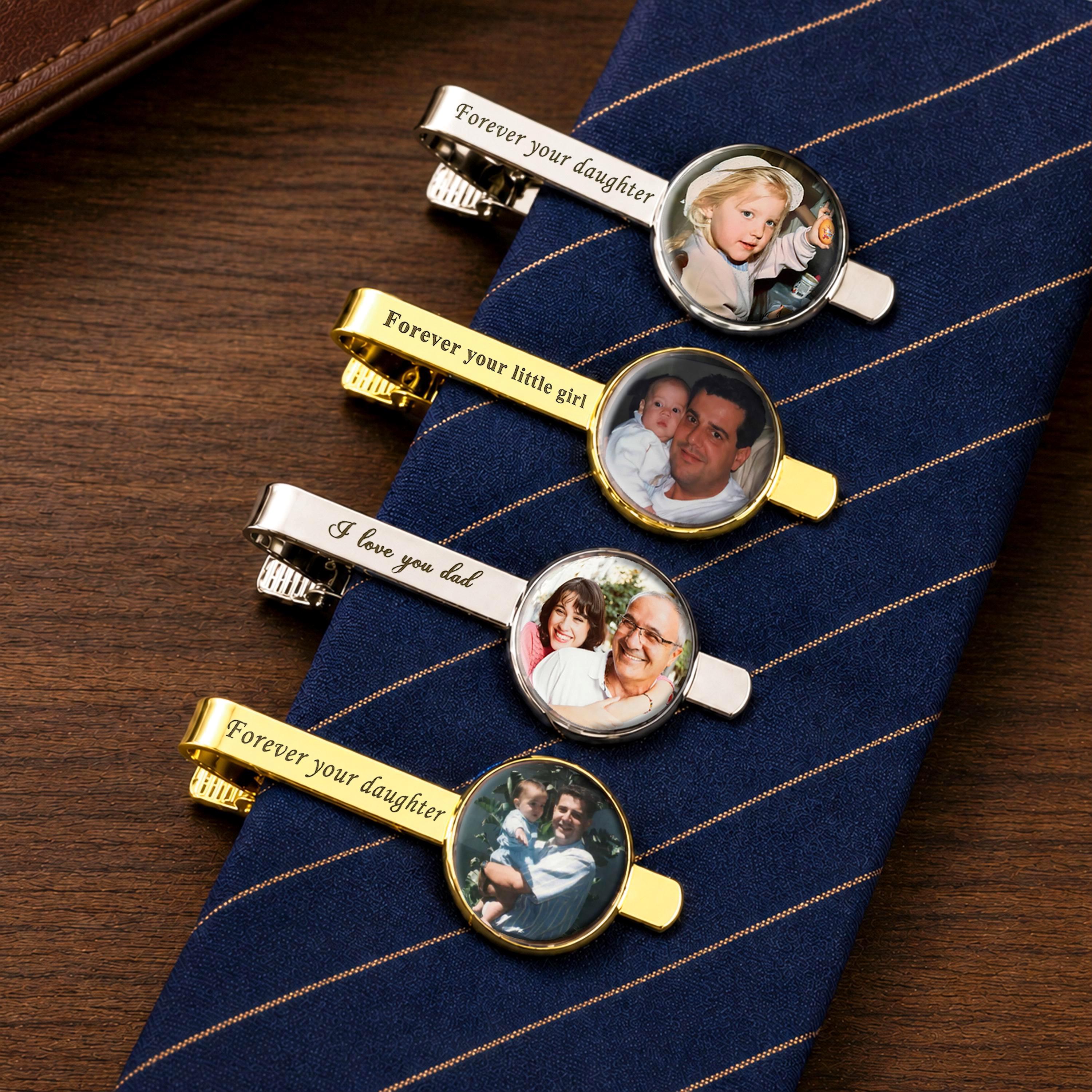 Personalized Photo Tie Clip – Custom Engraved Tie Bar Gift for Dad, Groom & Groomsmen