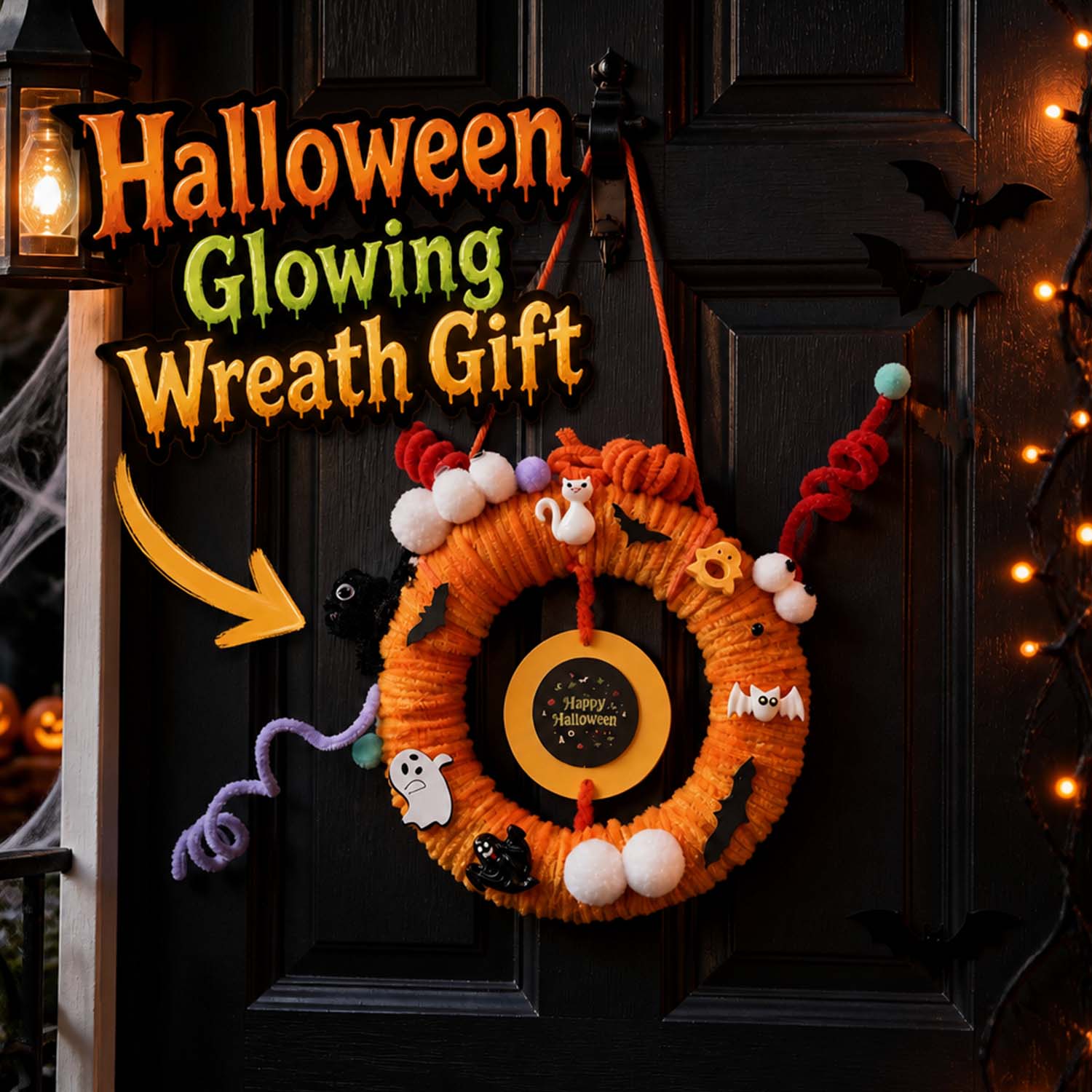 Halloween Glowing Wreath Hanging Ornament – Spooky Ghost & Bat Decor for Door, Wall and Party Decoration