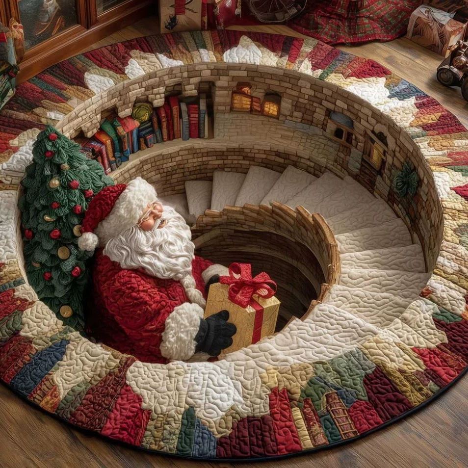 3D Christmas Optical Illusion Round Rug – Bottomless Hole Santa & Gnome Area Rug, Festive Holiday Doormat, Cozy Winter Home Floor Decor