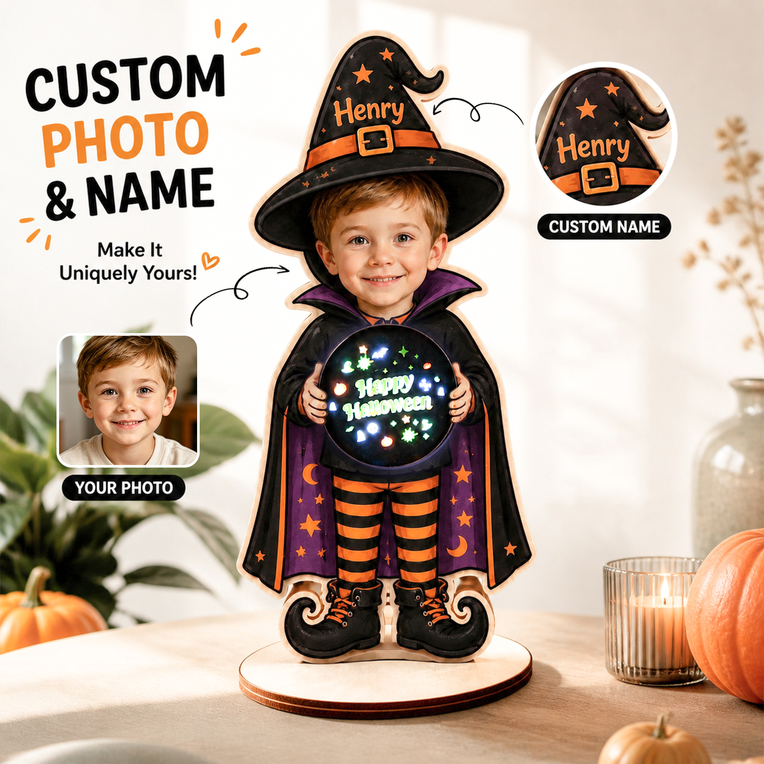 Personalized Halloween Light-Up Decorative Stand for Kids – Custom Photo Fun Holiday Tabletop Decoration