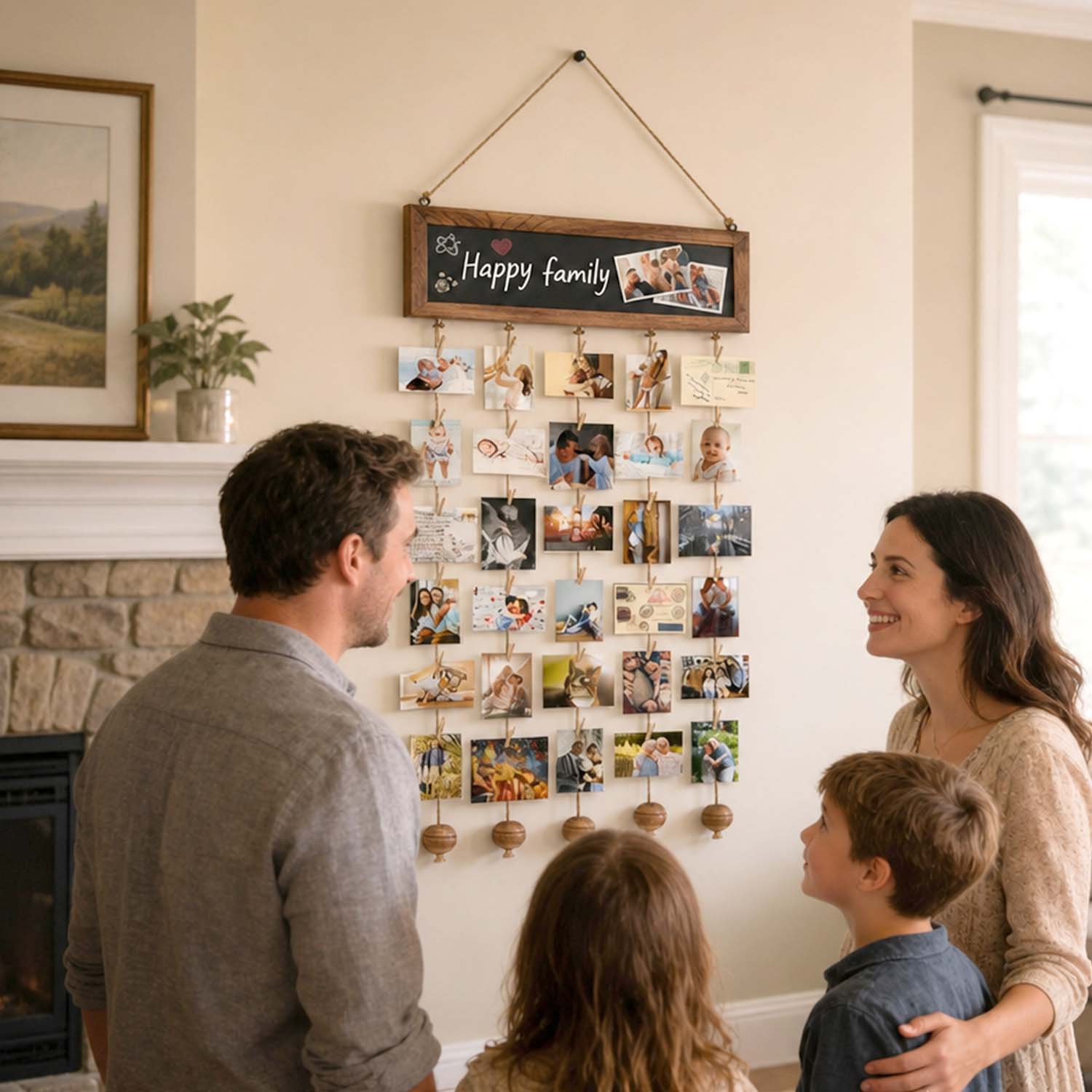Wooden Photo Display Board with Chalkboard Header – Family Memory Wall Gift
