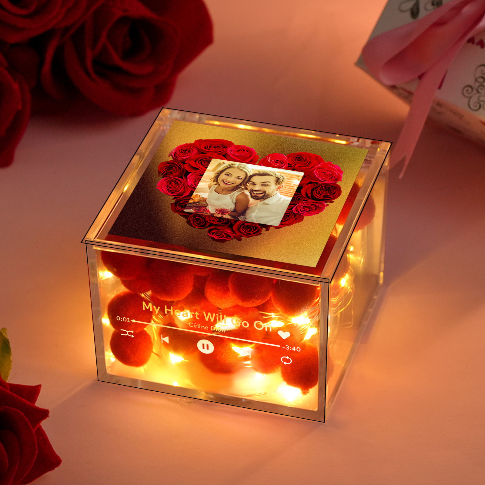 Custom Mini Vinyl Record Player Custom Red Heart Flower Style Photo Engraved Anniversary Gift for Couples - MyHawaiianShirts