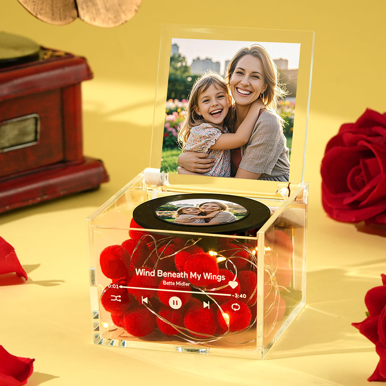 Custom Mini Vinyl Record Player Custom Red Heart Flower Style Photo Engraved Mother's Day Gift for Mum - MyHawaiianShirts