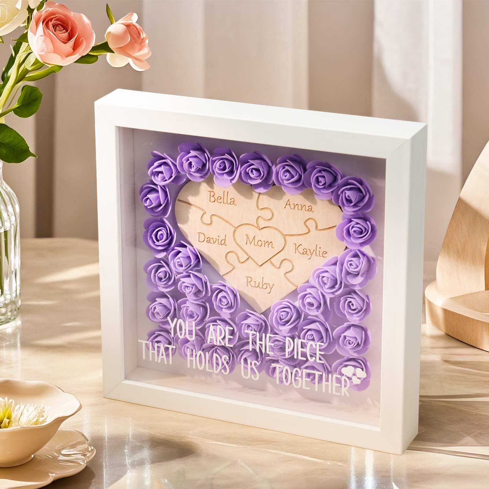Personalized Puzzle Piece Mom Heart Shaped Flower Shadow Box