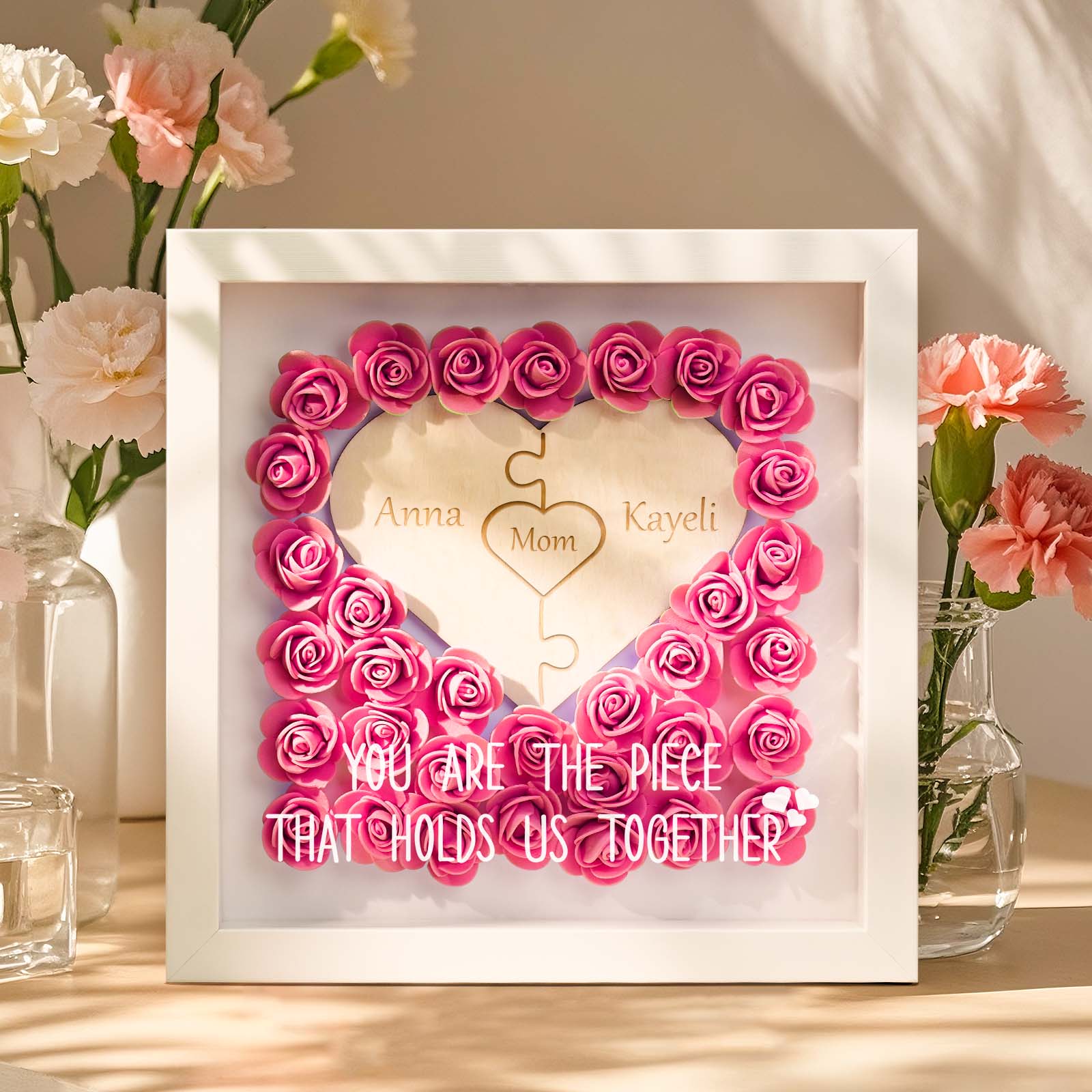 Personalized Puzzle Piece Mom Heart Shaped Flower Shadow Box
